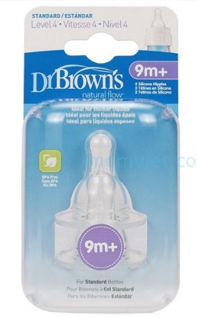 Hộp 2 Núm Ty Silicone Dr Brown's Cổ thường 4( 9M+)